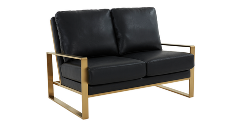 Jefferson Contemporary Velvet/Leather Loveseat with Stainless Steel Frame Black / Leather / Gold