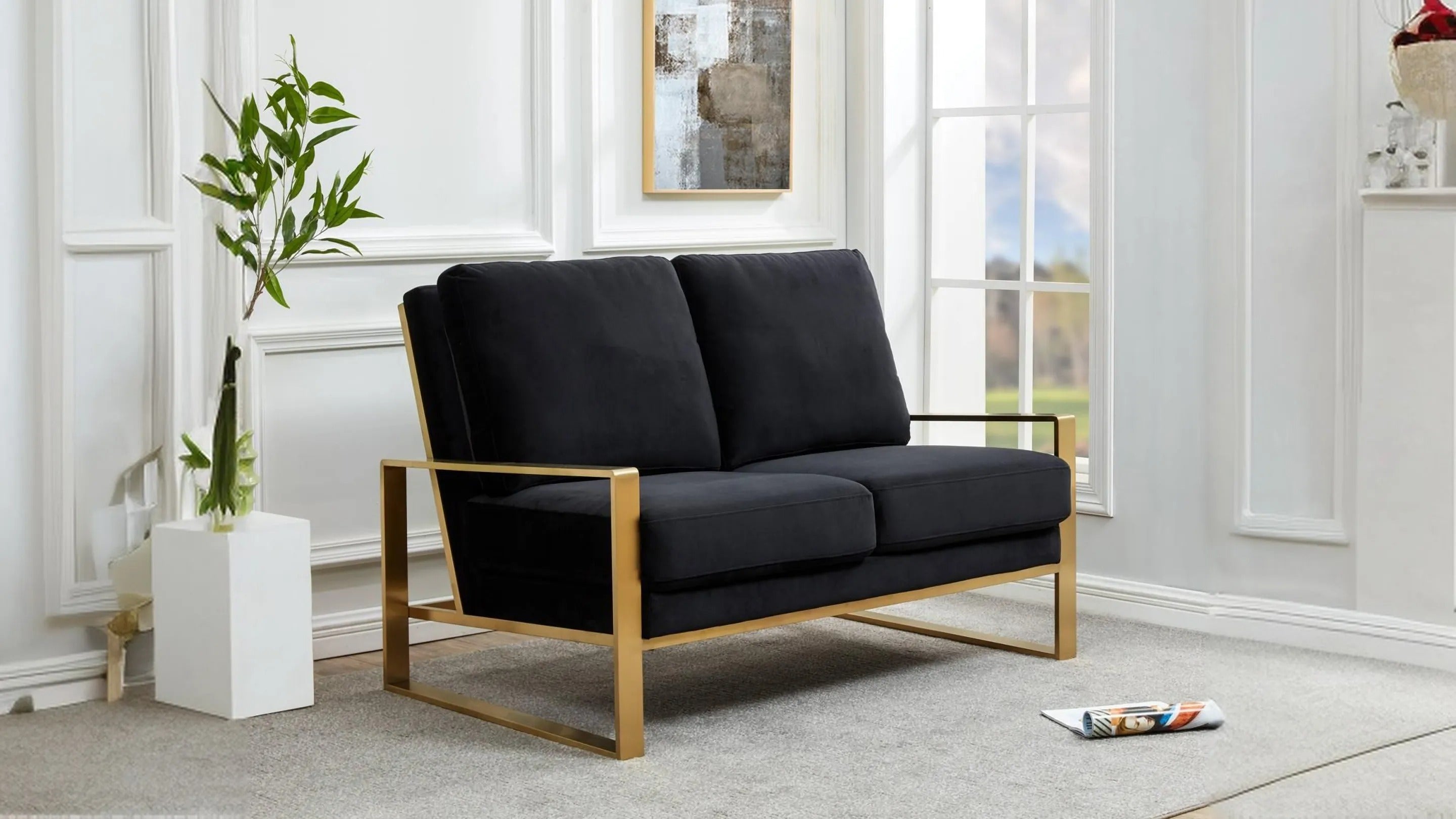 Jefferson Contemporary Velvet/Leather Loveseat with Stainless Steel Frame Black / Velvet / Gold