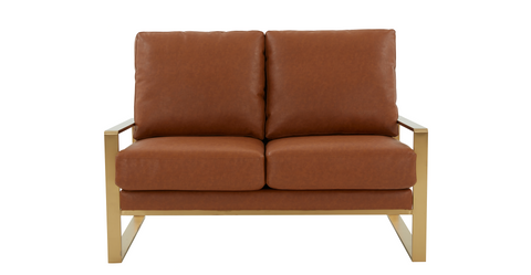 Jefferson Contemporary Velvet/Leather Loveseat with Stainless Steel Frame Cognac Tan / Leather / Gold