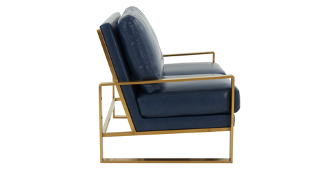 Jefferson Contemporary Velvet/Leather Loveseat with Stainless Steel Frame Navy Blue / Leather / Gold