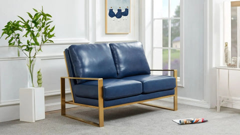 Jefferson Contemporary Velvet/Leather Loveseat with Stainless Steel Frame Navy Blue / Leather / Gold