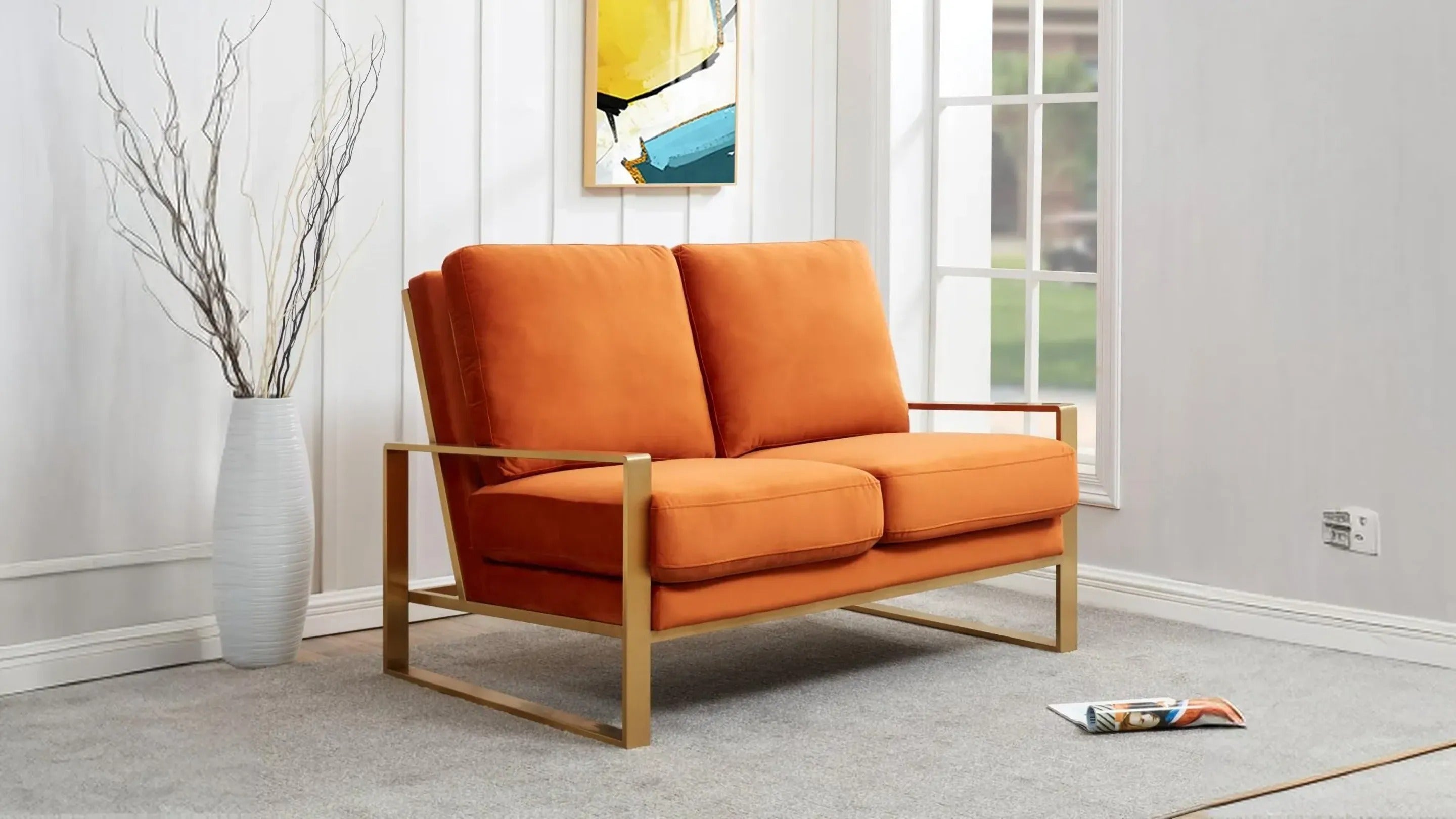 Jefferson Contemporary Velvet/Leather Loveseat with Stainless Steel Frame Orange / Velvet / Gold