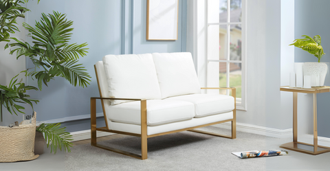 Jefferson Contemporary Velvet/Leather Loveseat with Stainless Steel Frame White / Leather / Gold