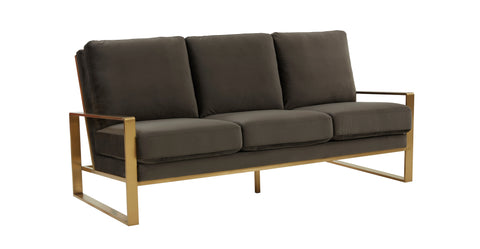 Jefferson 3-Seater Velvet/Leather Full Size Sofa in Stainless Steel Dark Grey / Velvet / Gold