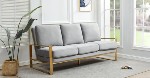 Jefferson 3-Seater Velvet/Leather Full Size Sofa in Stainless Steel Light Grey / Velvet / Gold