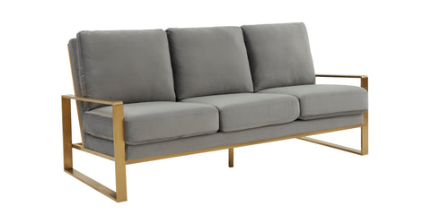 Jefferson 3-Seater Velvet/Leather Full Size Sofa in Stainless Steel Light Grey / Velvet / Gold