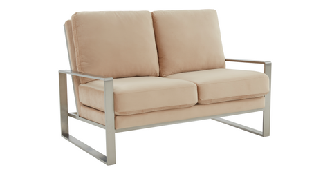 Jefferson Contemporary Velvet/Leather Loveseat with Stainless Steel Frame Beige / Velvet / Silver