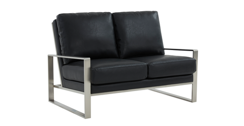 Jefferson Contemporary Velvet/Leather Loveseat with Stainless Steel Frame Black / Leather / Silver