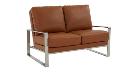 Jefferson Contemporary Velvet/Leather Loveseat with Stainless Steel Frame Cognac Tan / Leather / Silver