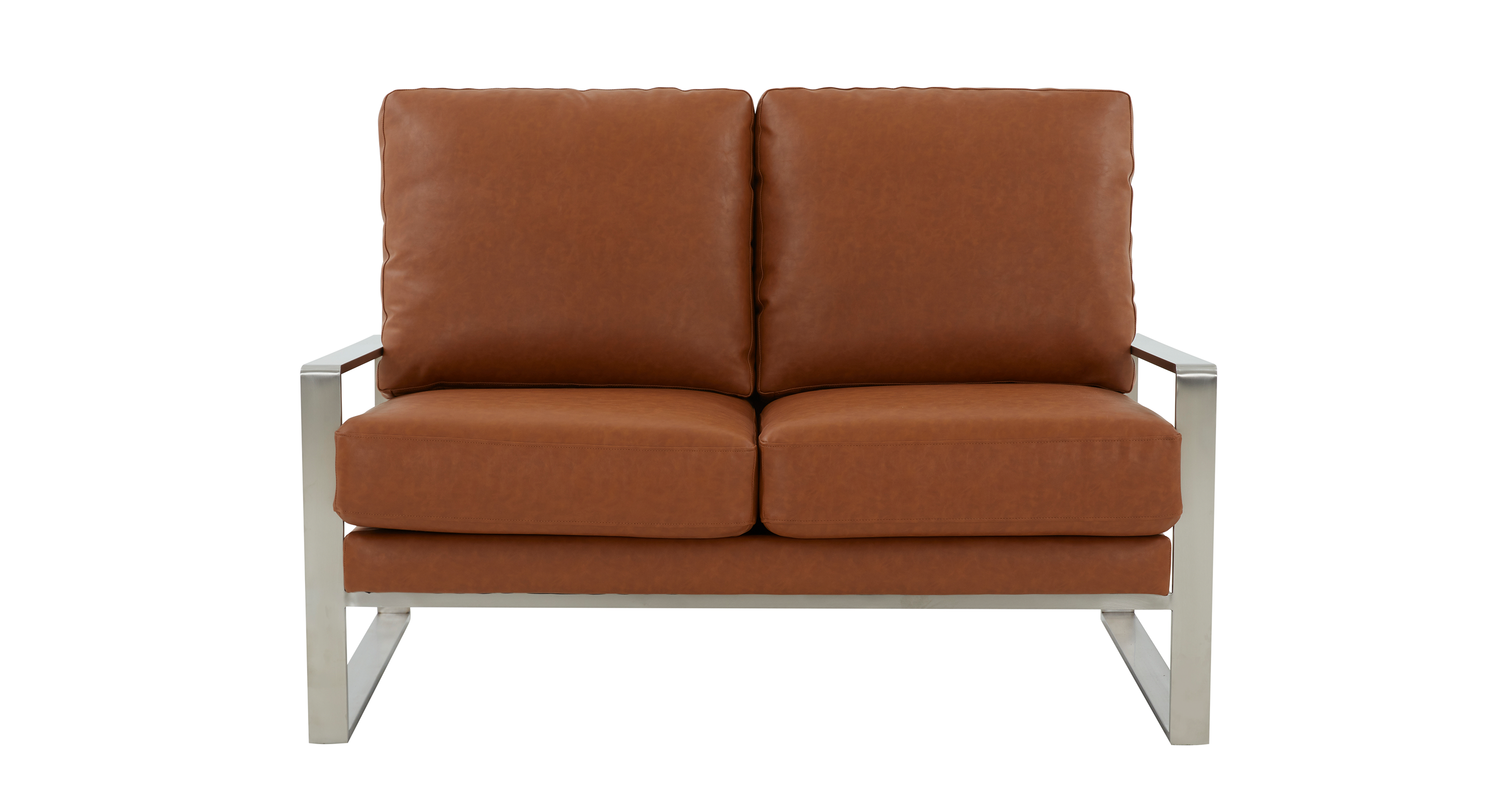 Jefferson Contemporary Velvet/Leather Loveseat with Stainless Steel Frame Cognac Tan / Leather / Silver