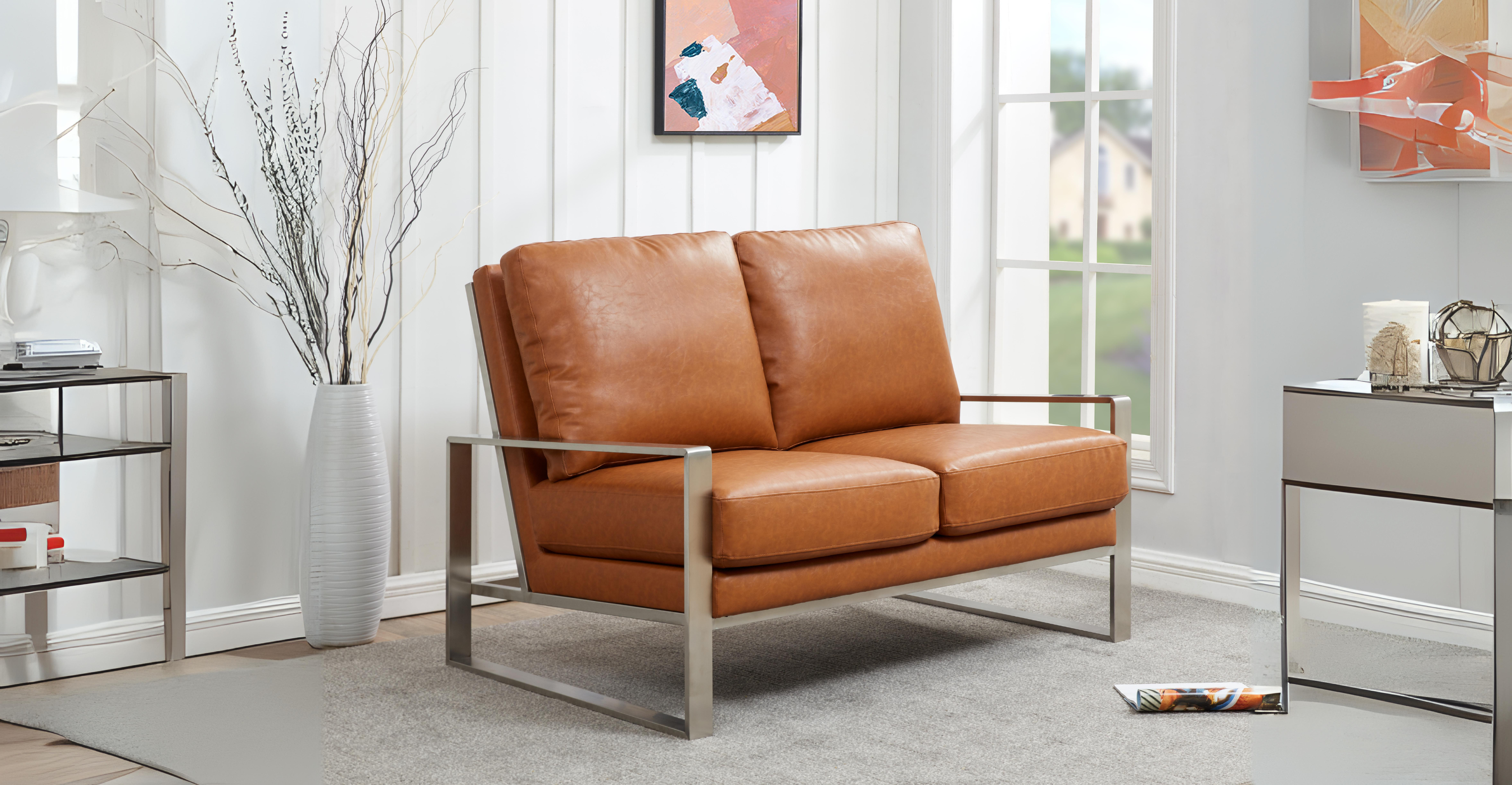 Jefferson Contemporary Velvet/Leather Loveseat with Stainless Steel Frame Cognac Tan / Leather / Silver