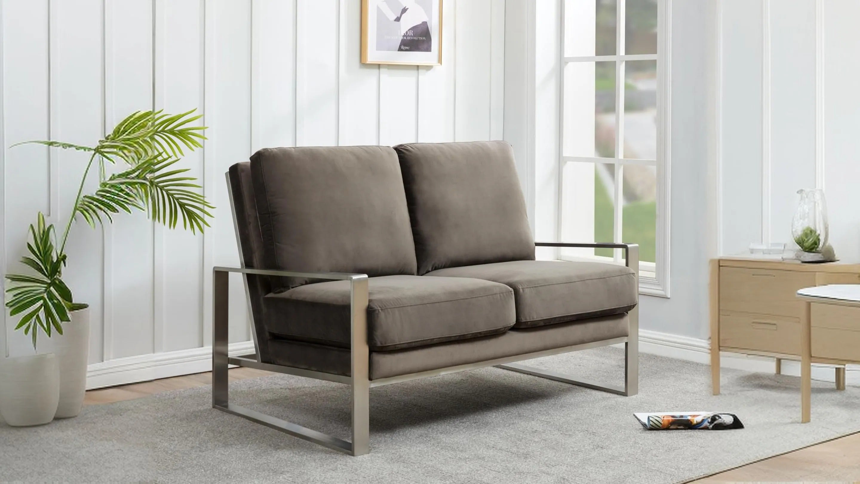 Jefferson Contemporary Velvet/Leather Loveseat with Stainless Steel Frame Dark Grey / Velvet / Silver