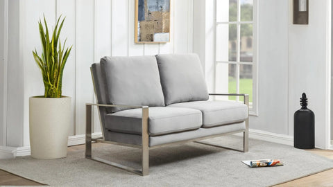 Jefferson Contemporary Velvet/Leather Loveseat with Stainless Steel Frame Light Grey / Velvet / Silver