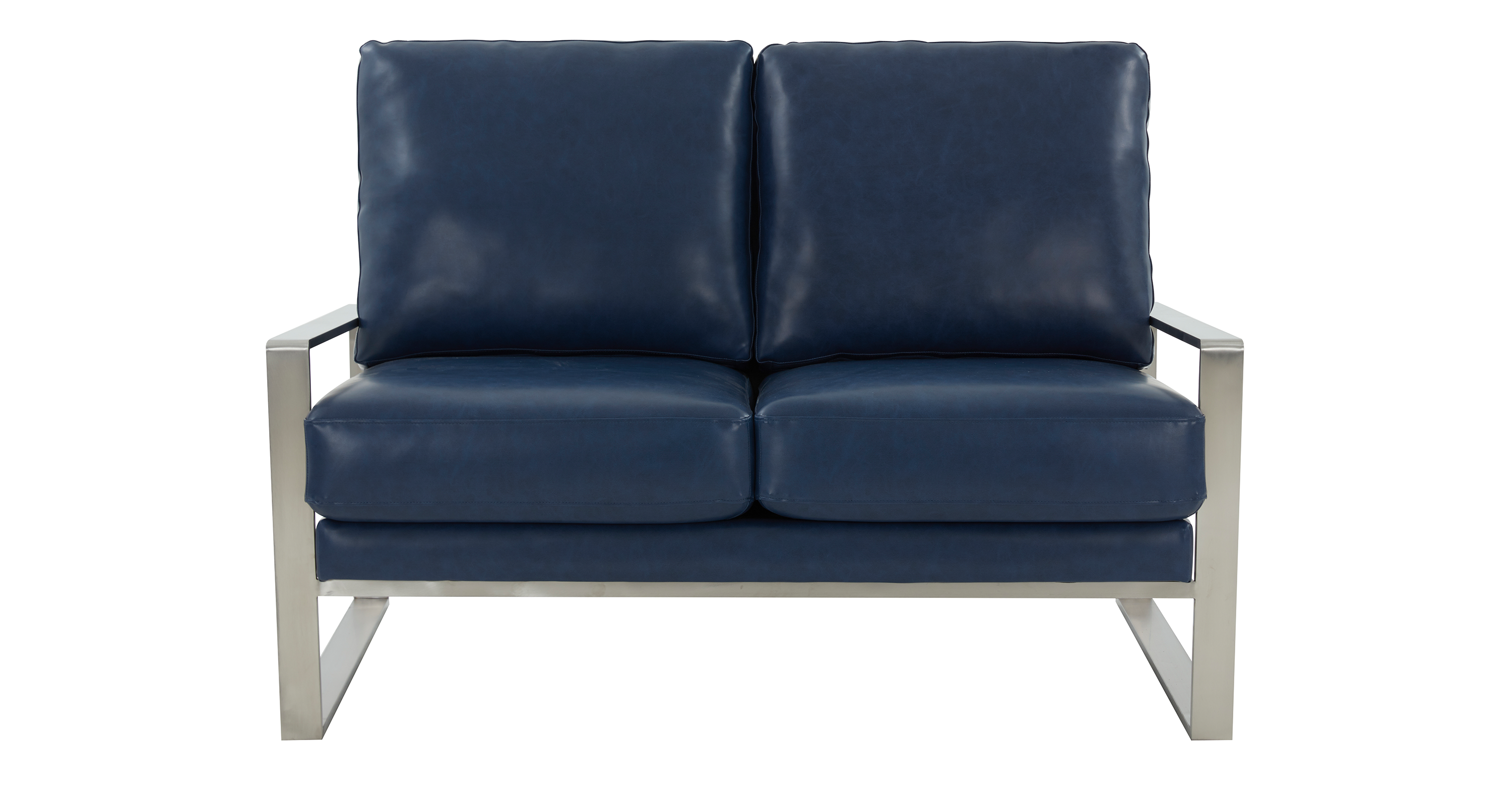 Jefferson Contemporary Velvet/Leather Loveseat with Stainless Steel Frame Navy Blue / Leather / Silver