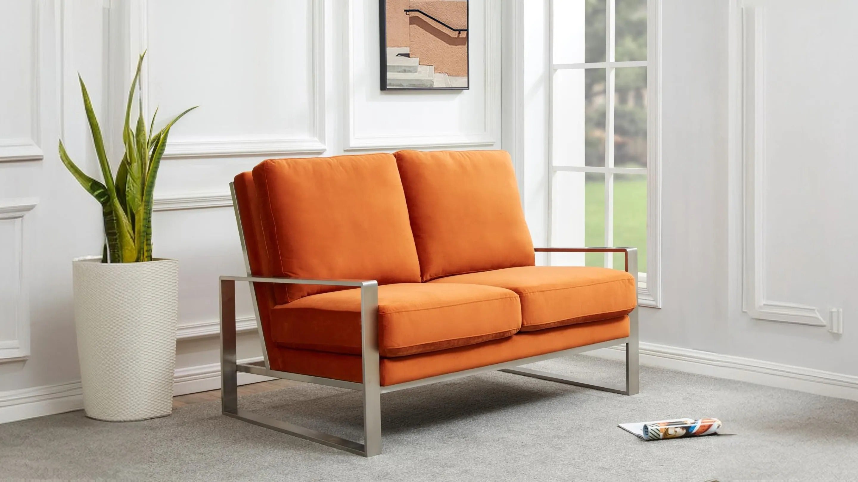 Jefferson Contemporary Velvet/Leather Loveseat with Stainless Steel Frame Orange / Velvet / Silver