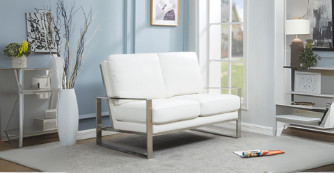 Jefferson Contemporary Velvet/Leather Loveseat with Stainless Steel Frame White / Leather / Silver