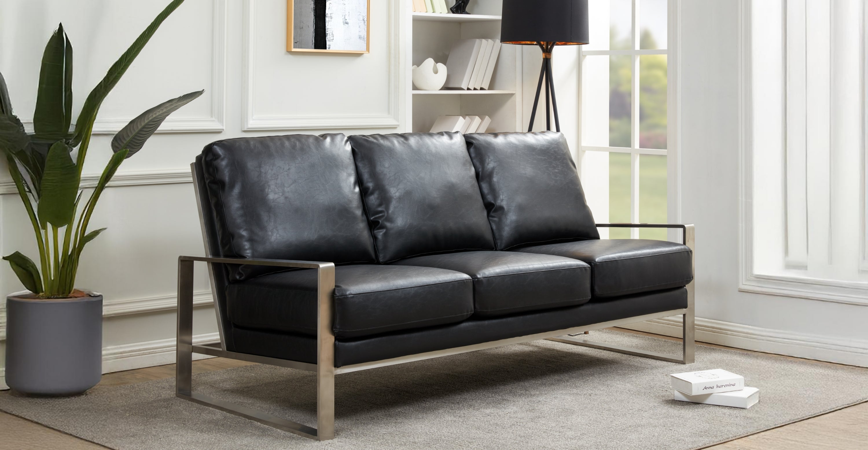 Jefferson 3-Seater Velvet/Leather Full Size Sofa in Stainless Steel Black / Leather / Silver