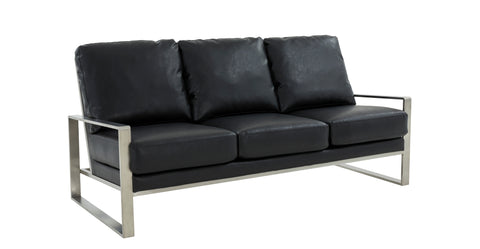 Jefferson 3-Seater Velvet/Leather Full Size Sofa in Stainless Steel Black / Leather / Silver