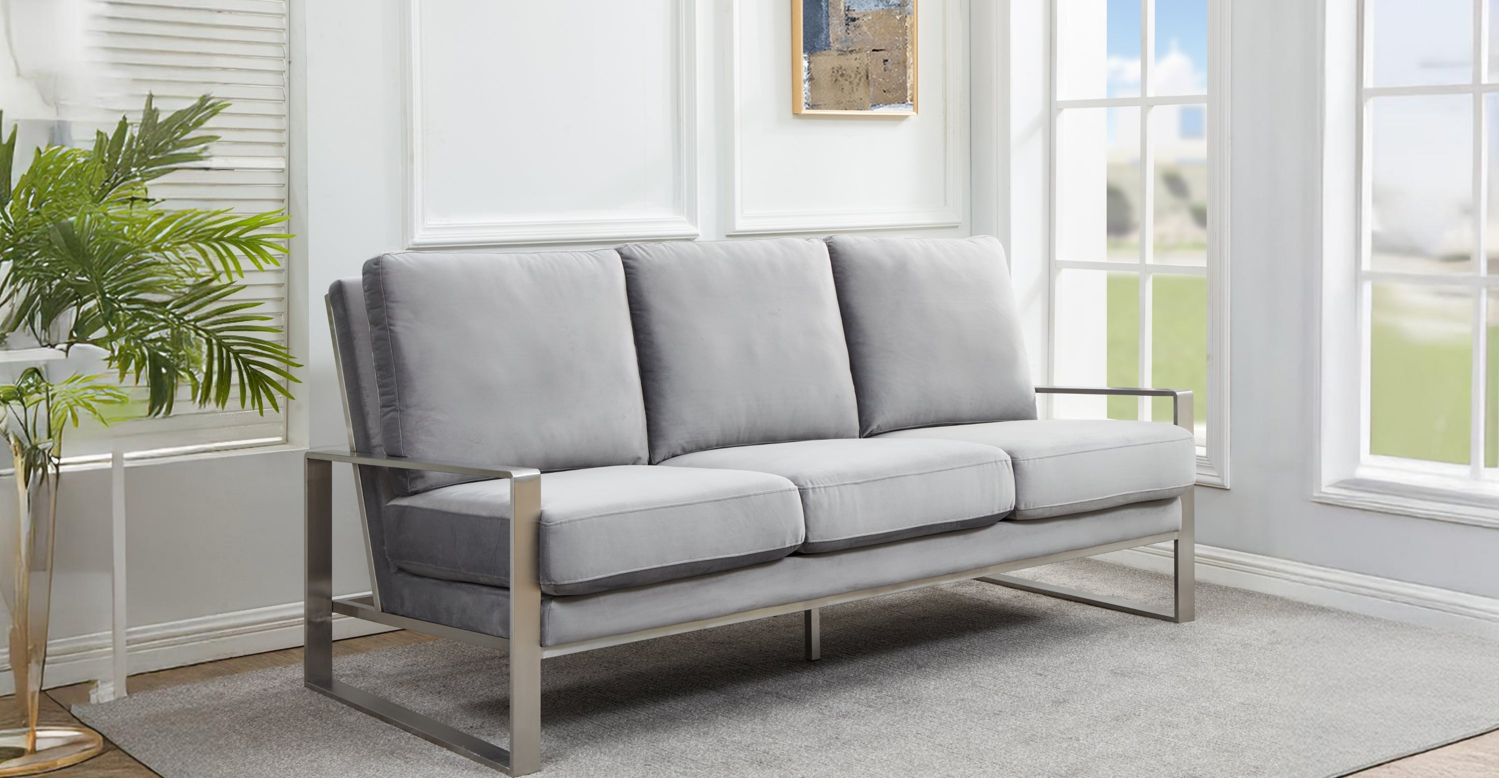 Jefferson 3-Seater Velvet/Leather Full Size Sofa in Stainless Steel Light Grey / Velvet / Silver