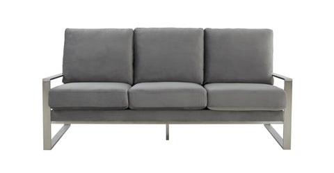 Jefferson 3-Seater Velvet/Leather Full Size Sofa in Stainless Steel Light Grey / Velvet / Silver