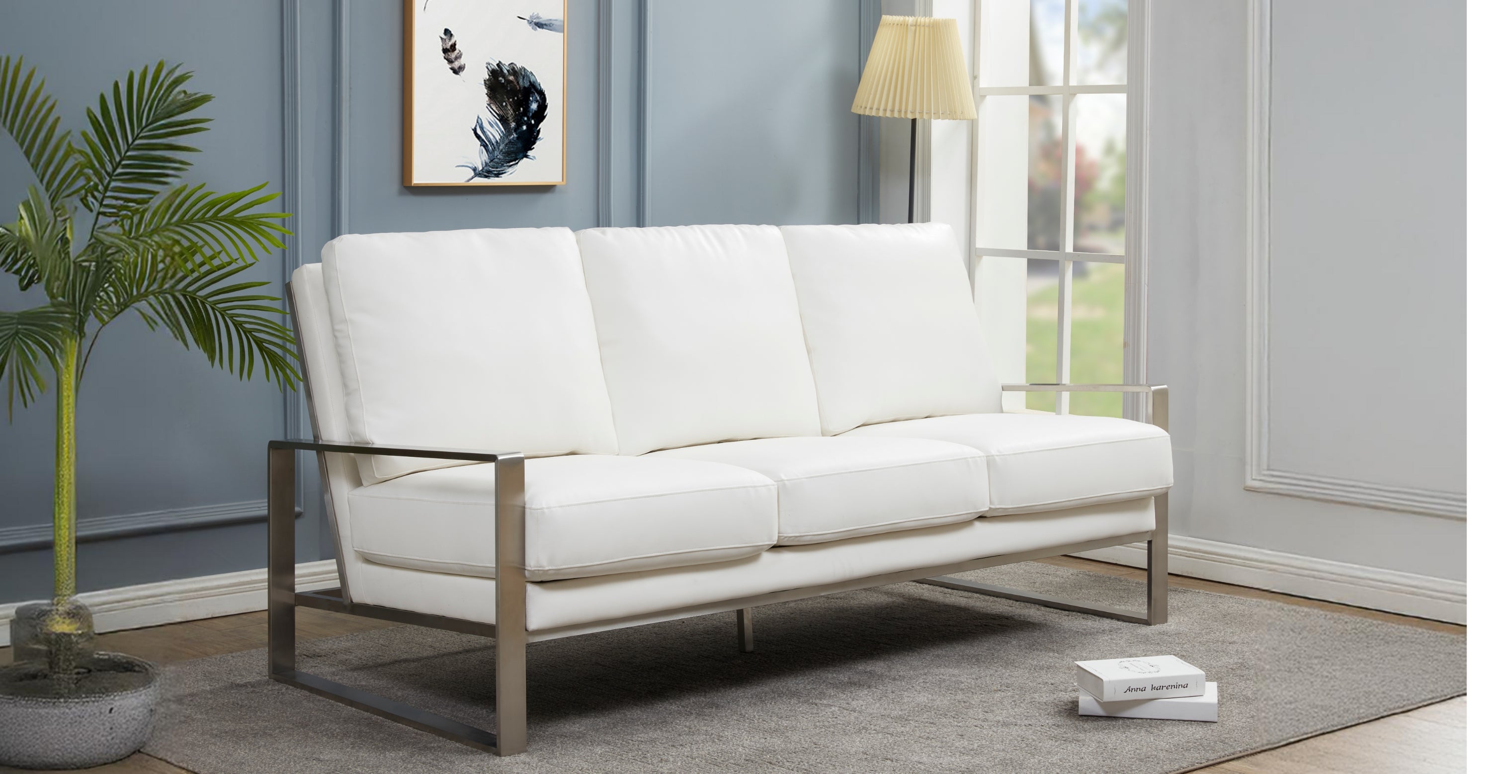 Jefferson 3-Seater Velvet/Leather Full Size Sofa in Stainless Steel White / Leather / Silver