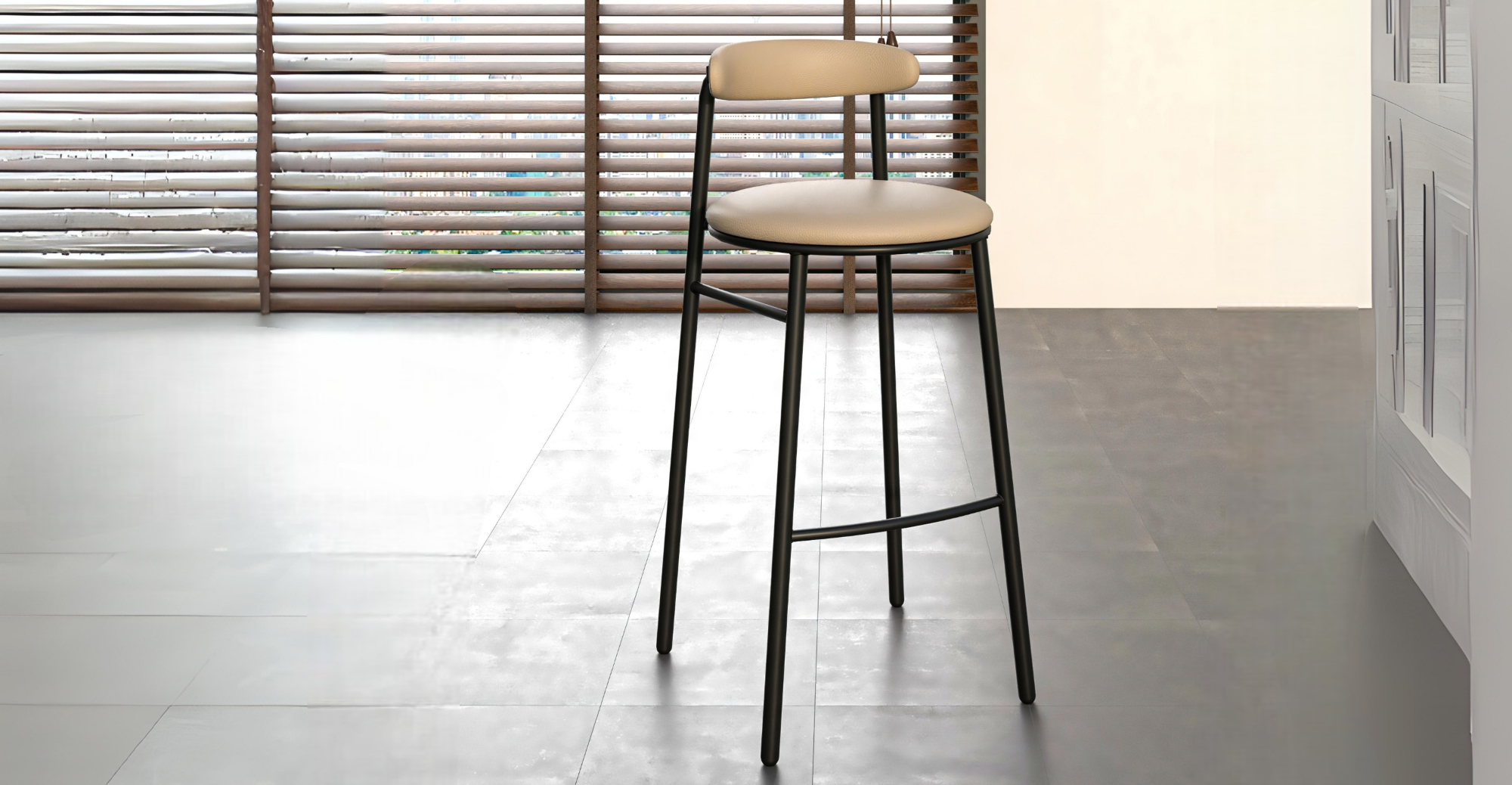 Lume Series Modern Bar Stool Upholstered in Leather for Dining Room and Kitchen Dark Taupe