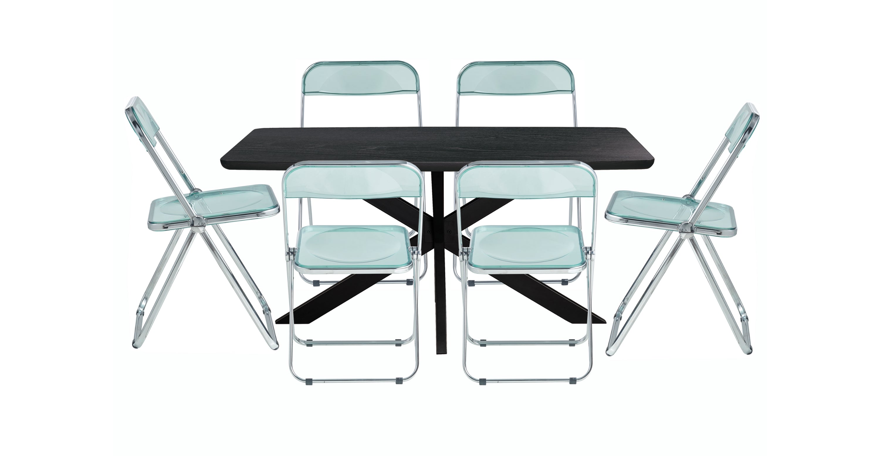 Lawrence 7-Piece Dining Set: Folding Acrylic Chairs & Rectangular Wood Table with Geometric Base Jade Green