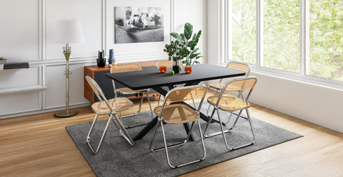 Lawrence 7-Piece Dining Set: Folding Acrylic Chairs & Rectangular Wood Table with Geometric Base Tangerine