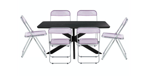 Lawrence 7-Piece Dining Set: Folding Acrylic Chairs & Rectangular Wood Table with Geometric Base Magenta