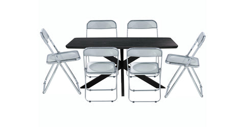 Lawrence 7-Piece Dining Set: Folding Acrylic Chairs & Rectangular Wood Table with Geometric Base Transparent Black