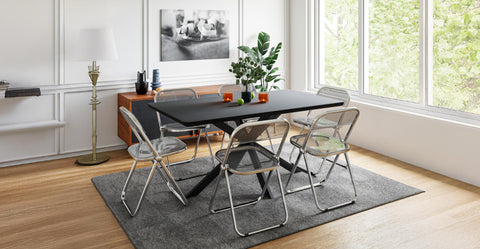 Lawrence 7-Piece Dining Set: Folding Acrylic Chairs & Rectangular Wood Table with Geometric Base Transparent Black