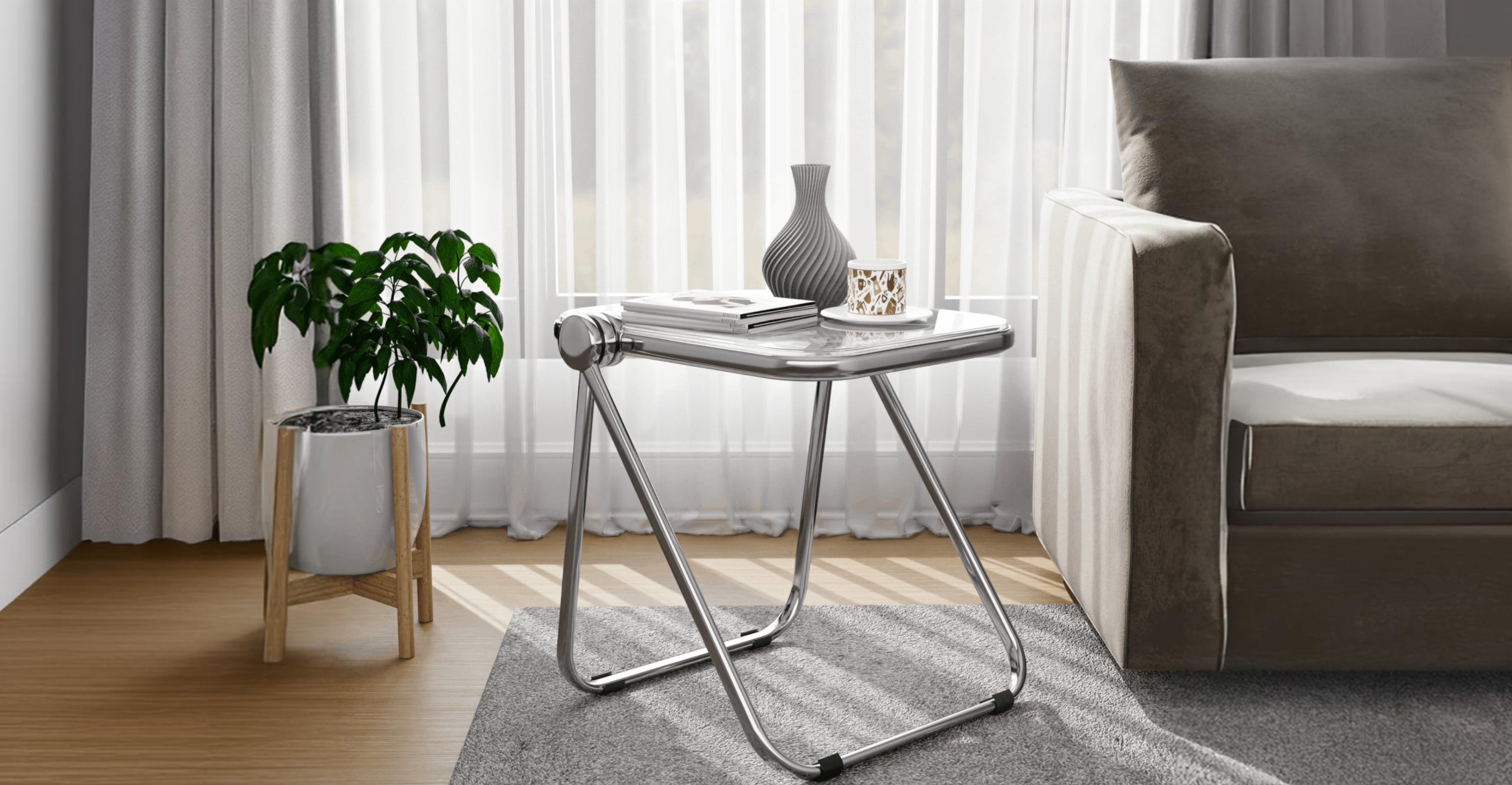 Lawrence Square Folding Side Table with Plastic Tabletop in Chrome Aluminum Frame Clear