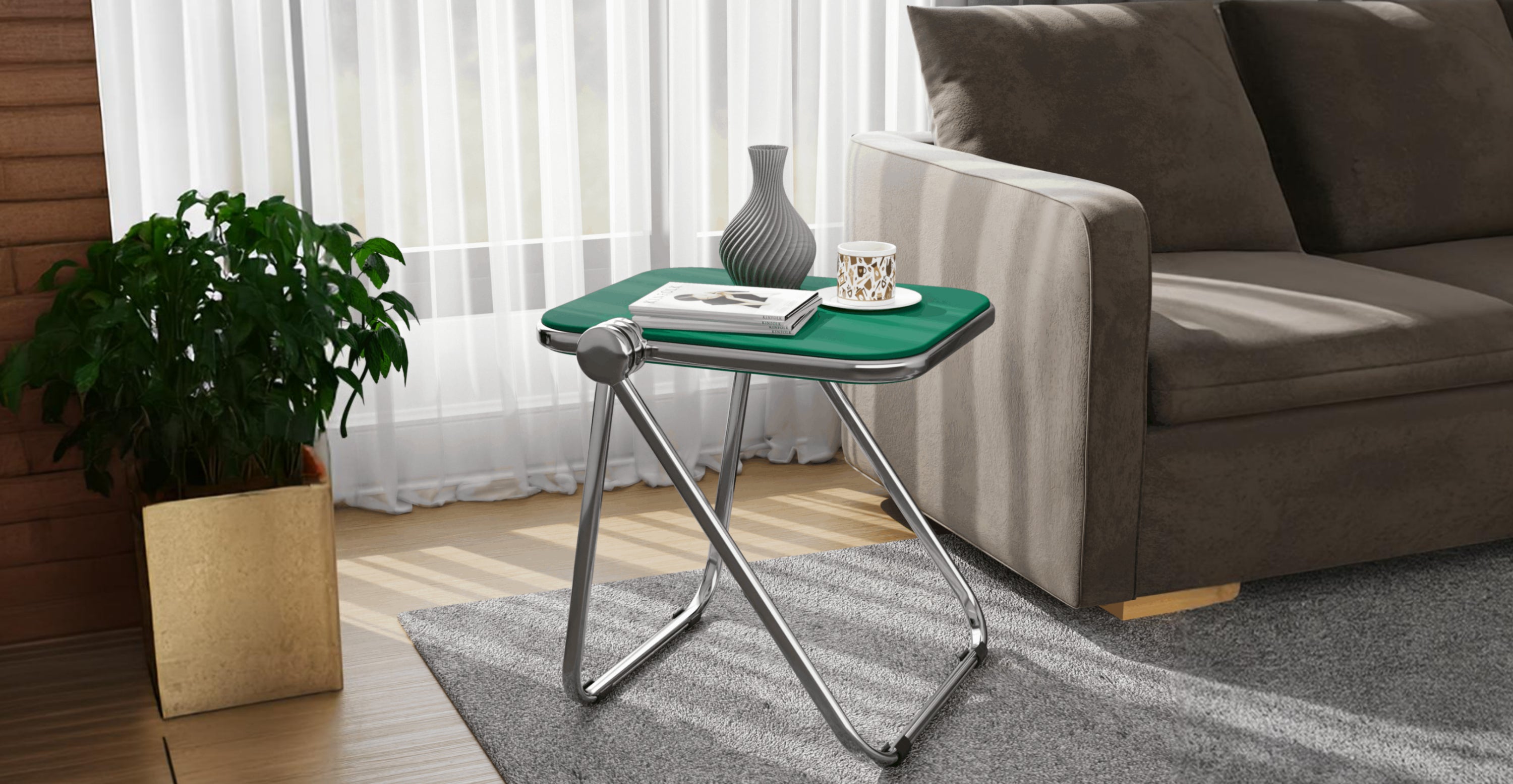 Lawrence Square Folding Side Table with Plastic Tabletop in Chrome Aluminum Frame Green