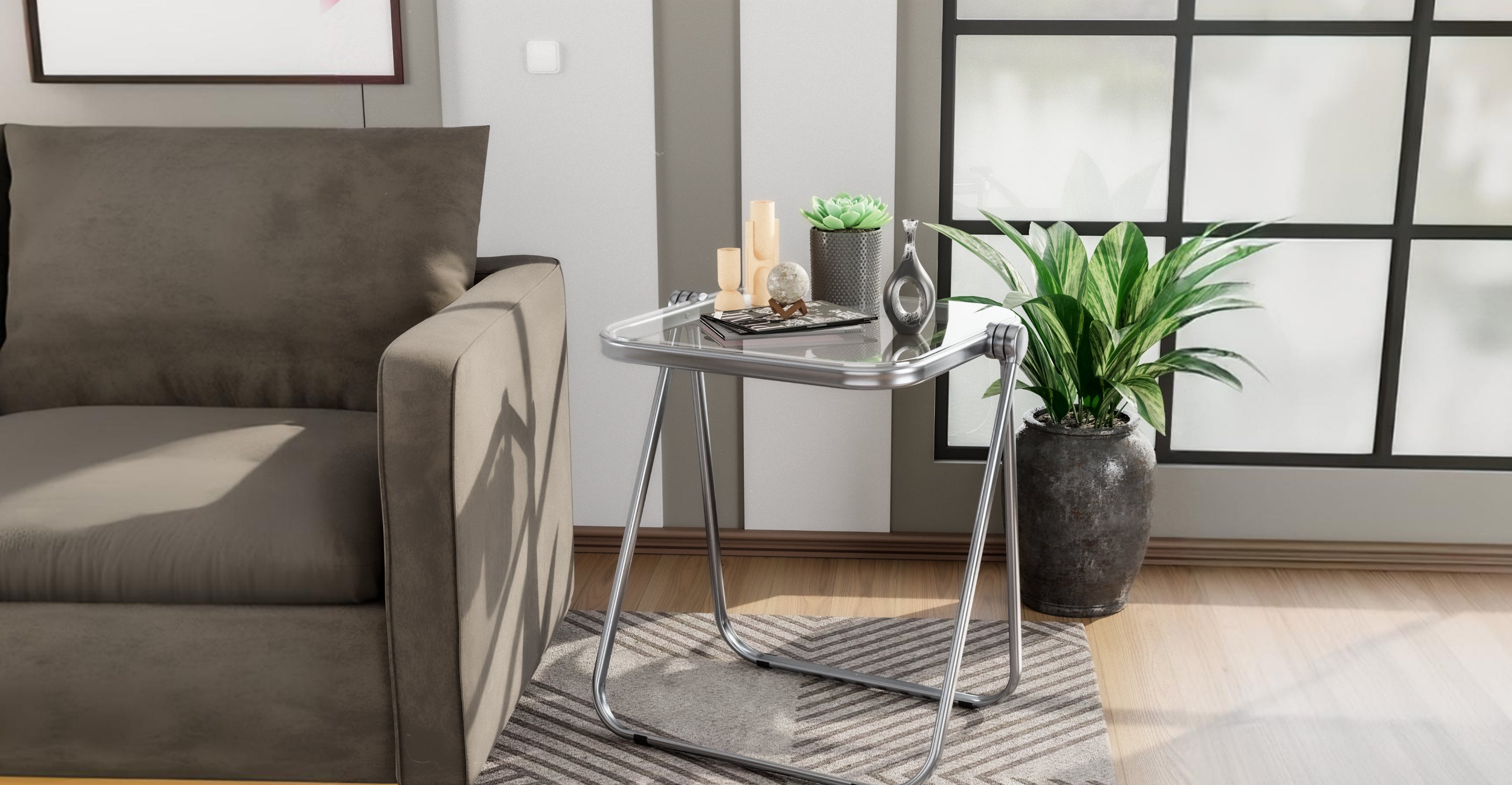 Square Folding Side Table with Plastic Tabletop and Iron Frame Clear