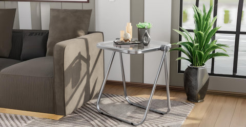 Square Folding Side Table with Plastic Tabletop and Iron Frame Transparent Black