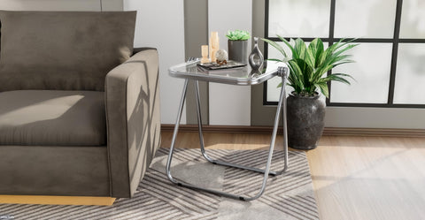 Square Folding Side Table with Plastic Tabletop and Iron Frame Transparent Black