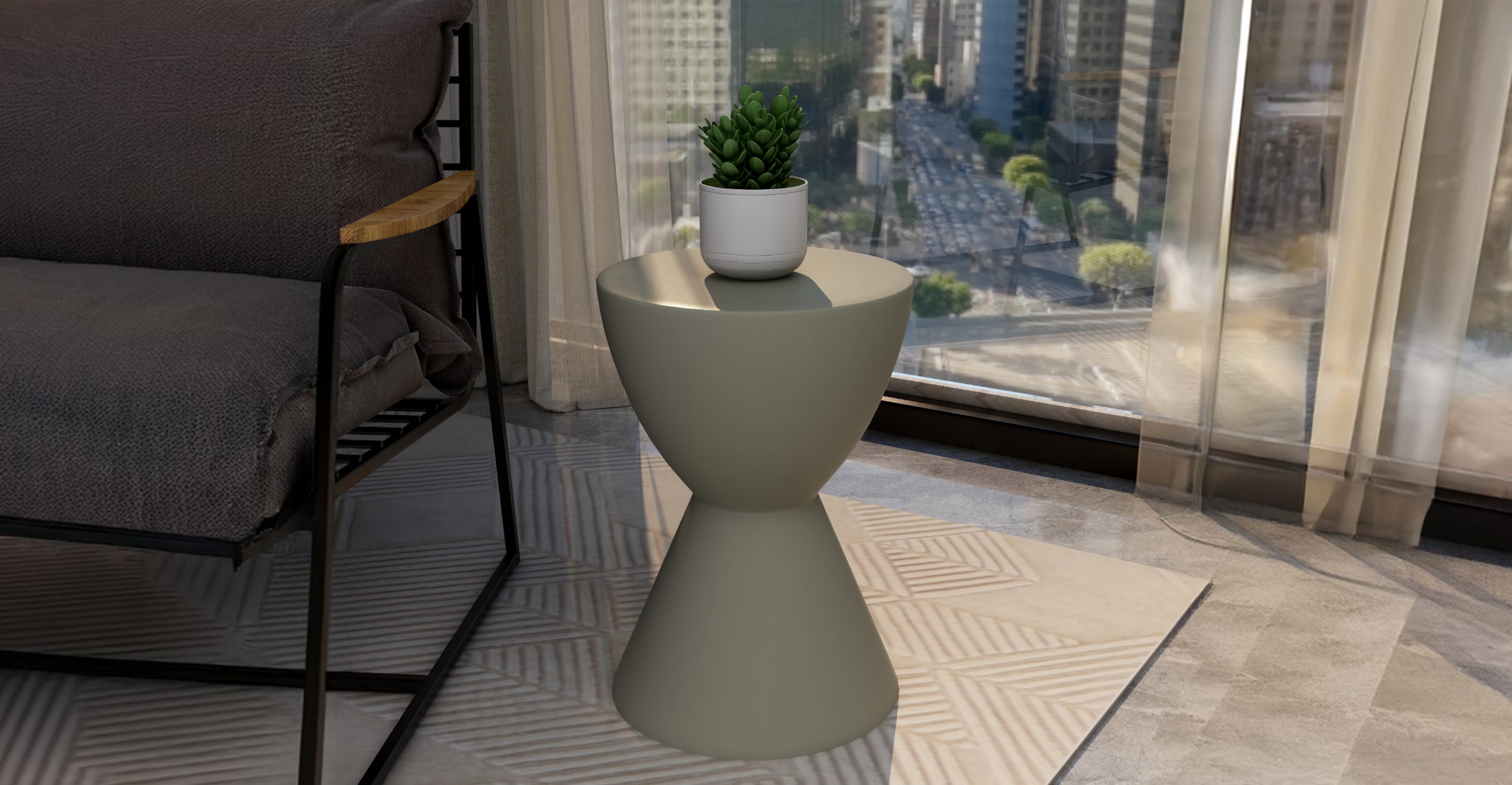 Loft Side Table Hourglass Design in Fiberstone Accent Table Moss Grey