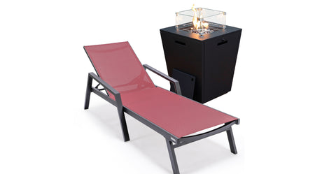 Marlin Aluminum Outdoor Chaise Lounge Chair with a Square Fire Pit Table Burgundy / Black / With Arms