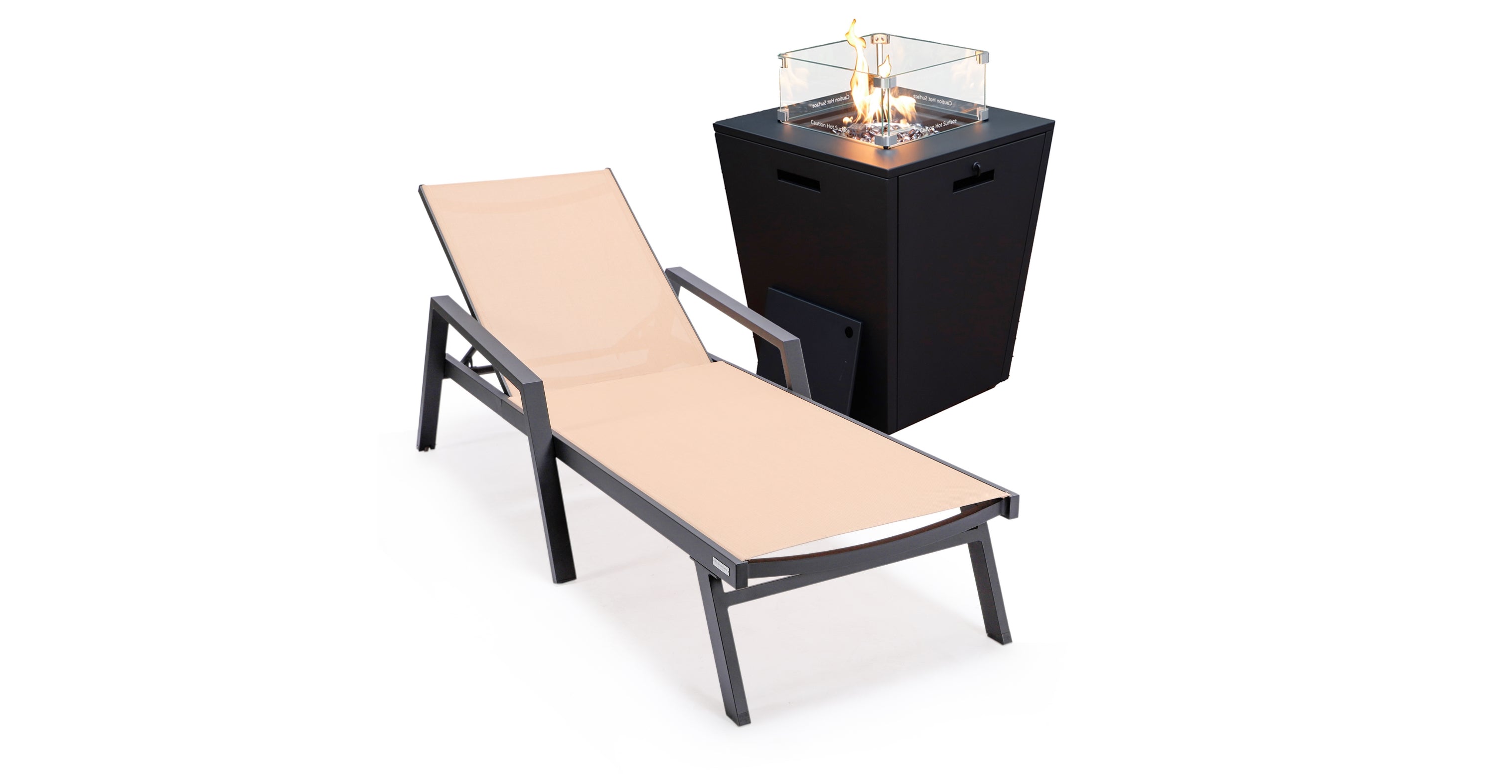 Marlin Aluminum Outdoor Chaise Lounge Chair with a Square Fire Pit Table Light Brown / Black / With Arms