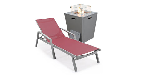 Marlin Aluminum Outdoor Chaise Lounge Chair with a Square Fire Pit Table Burgundy / Grey / With Arms