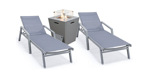 Marlin Modern Grey Aluminum Outdoor Chaise Lounge Chair Set of 2 With Arms and Square Fire Pit Side Table for Patio Dark Grey