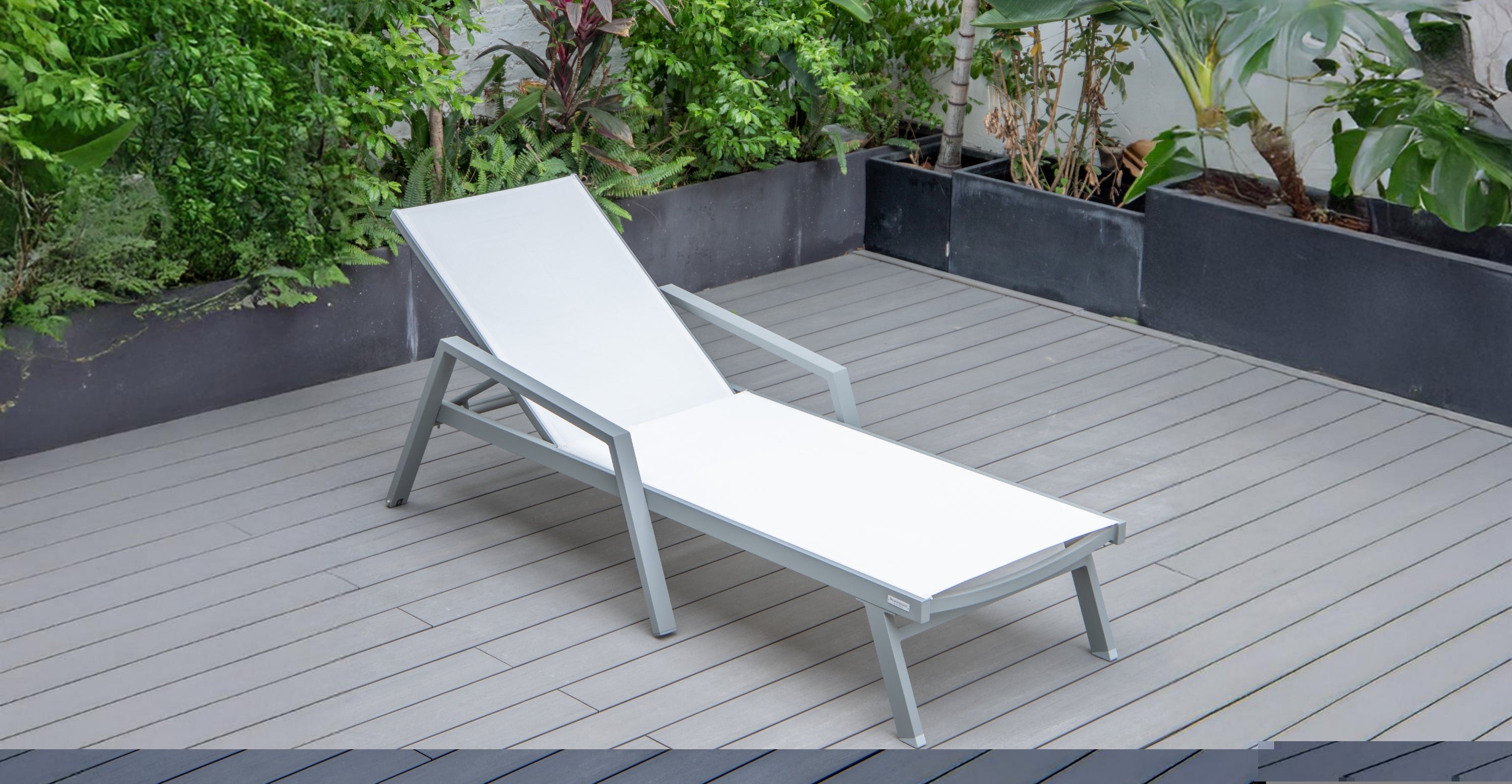 Marlin Modern Grey Aluminum Outdoor Chaise Lounge Chair Set of 2 With Arms and Square Fire Pit Side Table for Patio White