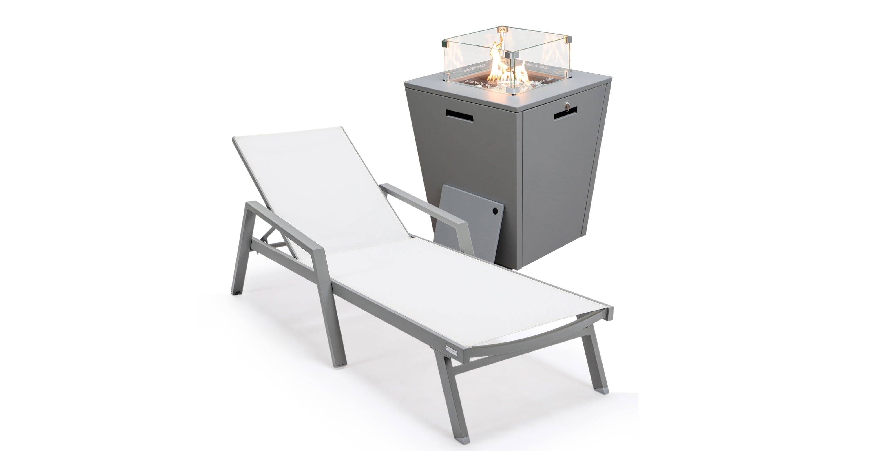 Marlin Aluminum Outdoor Chaise Lounge Chair with a Square Fire Pit Table White / Grey / With Arms