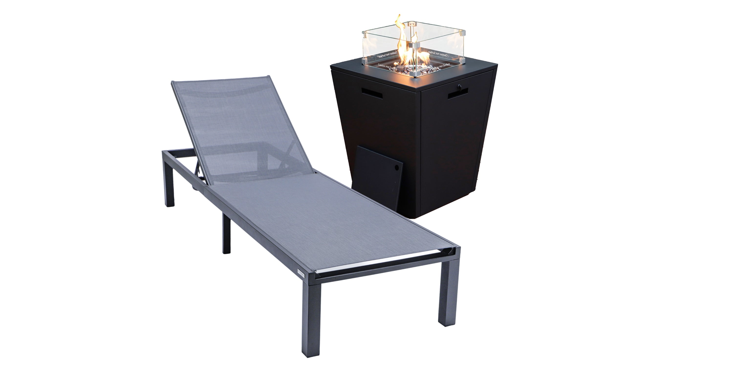 Marlin Aluminum Outdoor Chaise Lounge Chair with a Square Fire Pit Table Black / Black / Armless