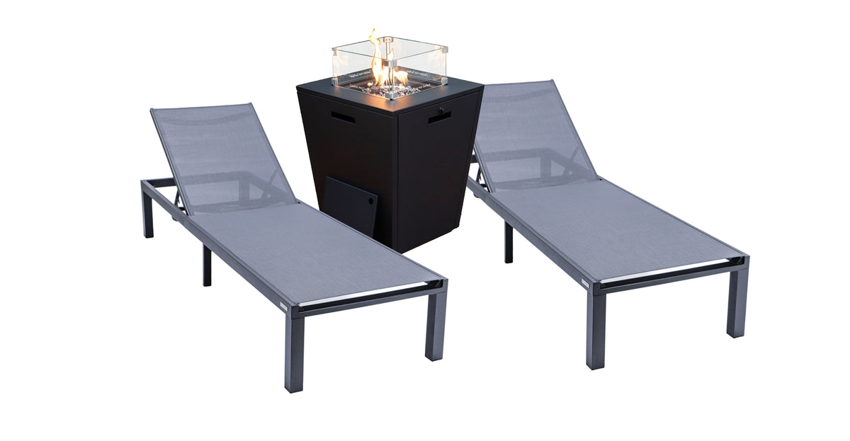 Marlin Modern Black Aluminum Outdoor Chaise Lounge Chair With Square Fire Pit Side Table Set of 2 Dark Grey