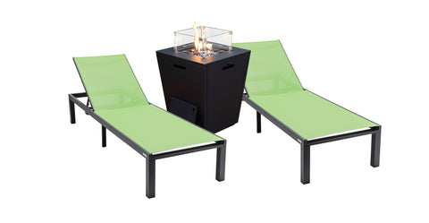 Marlin Modern Black Aluminum Outdoor Chaise Lounge Chair With Square Fire Pit Side Table Set of 2 Green