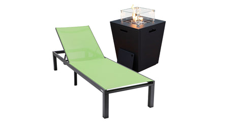 Marlin Aluminum Outdoor Chaise Lounge Chair with a Square Fire Pit Table Green / Black / Armless