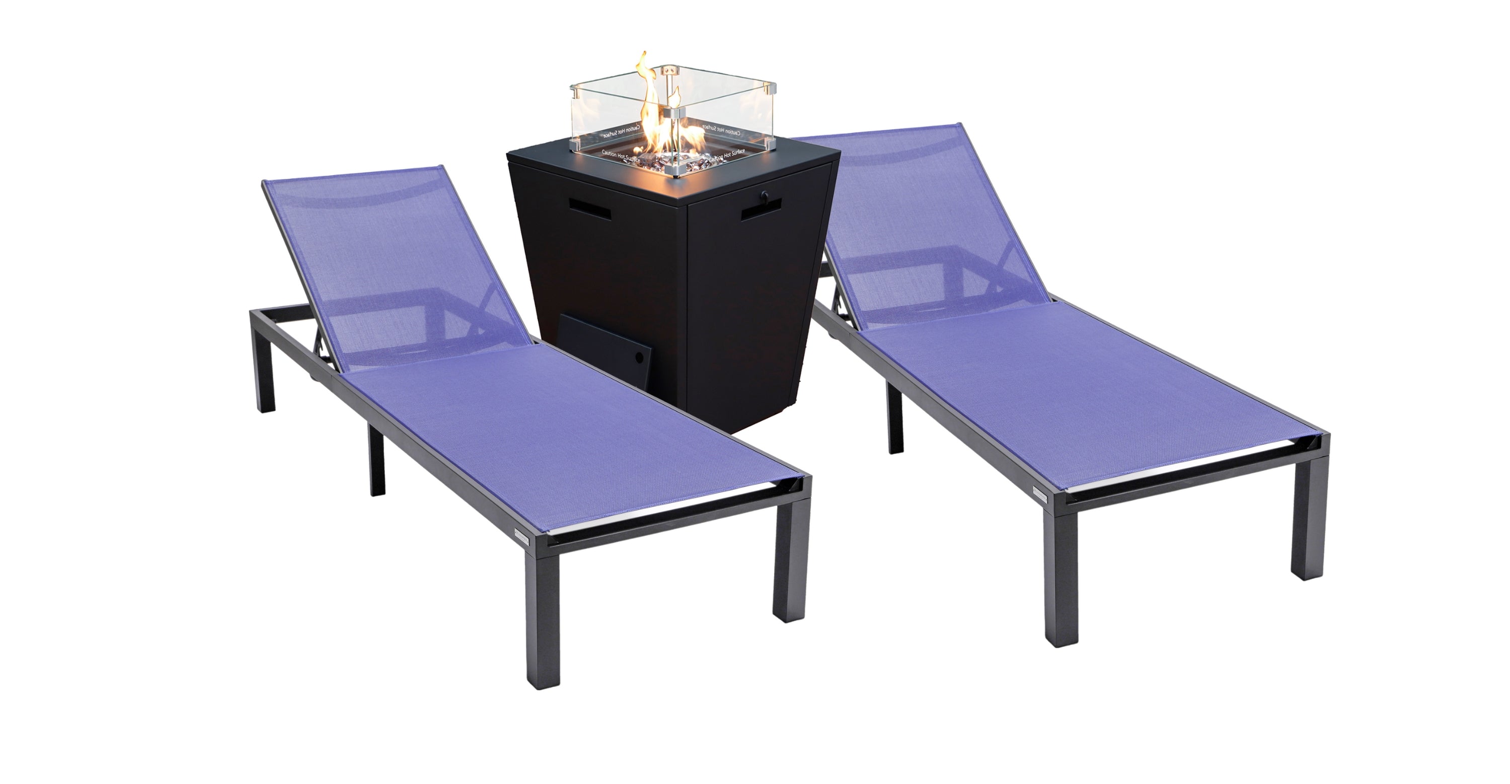 Marlin Modern Black Aluminum Outdoor Chaise Lounge Chair With Square Fire Pit Side Table Set of 2 Navy Blue