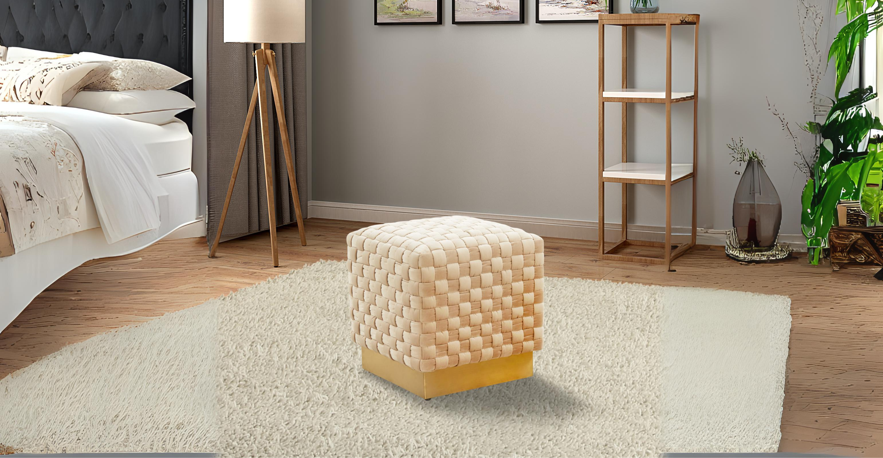 Myrtle 19" Square Weave Design Velvet Ottoman With Gold Base Beige