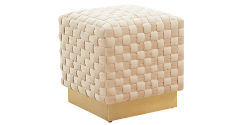 Myrtle 19" Square Weave Design Velvet Ottoman With Gold Base Beige